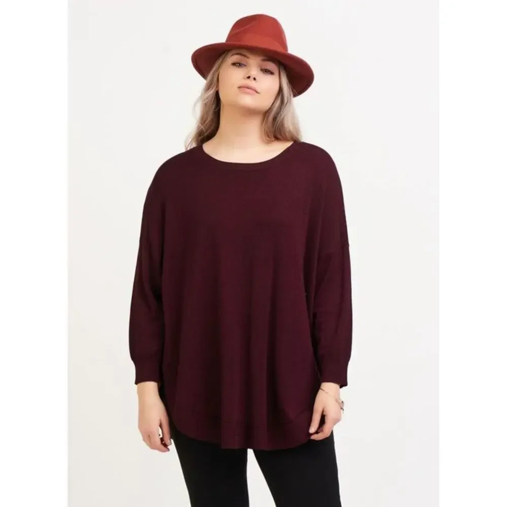 New Black Tape_ Size 1X Burgundy Round Neck Long Sleeve Cuffed Stretch Sweater